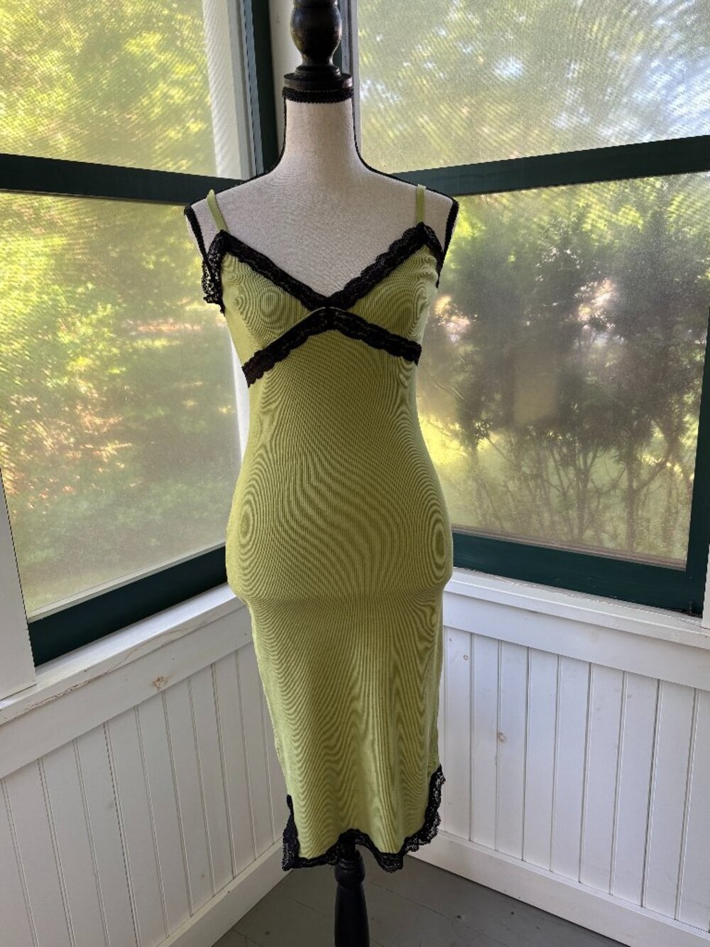 Vince Chartreuse Ribbed Midi Dress | Black Lace Trim | Size S/P | Like New